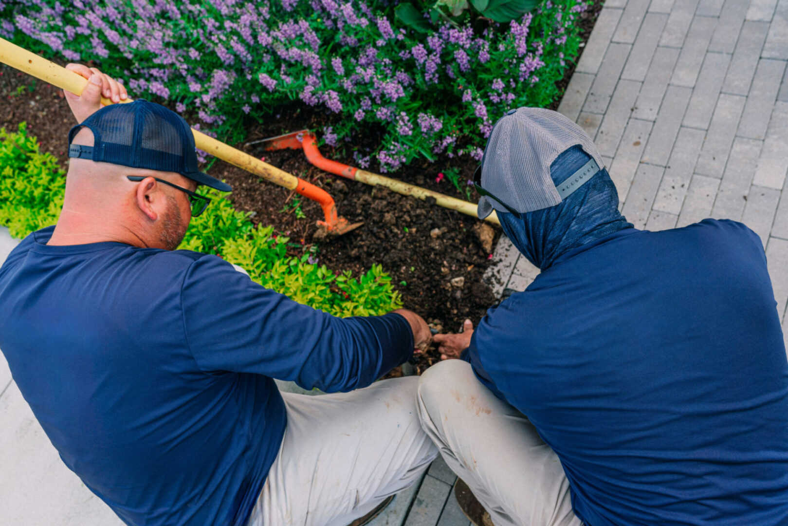 Two gardeners working on flower bed.